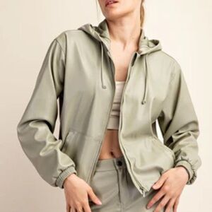 Faux Leather Sage Green Hooded Jacket